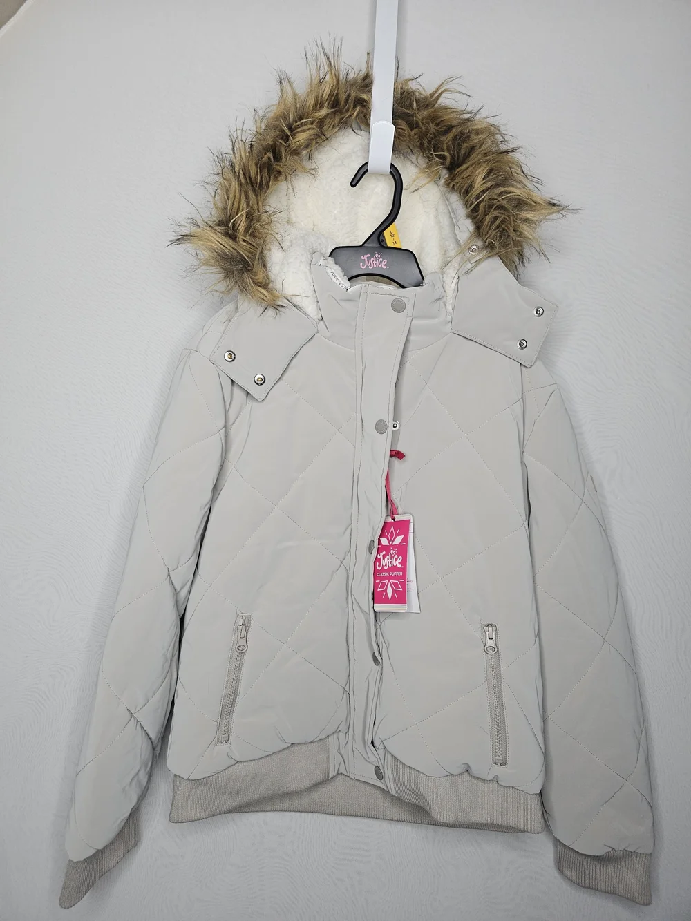 NWT Justice Girls Classic Puffer Jacket Sherpa Lined Gray L (12/14) Minor Flaws